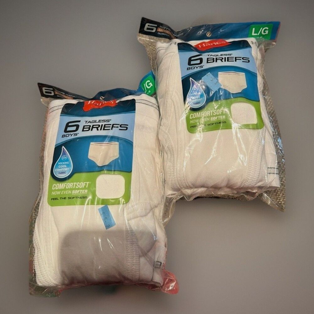 2 Packs NEW 6 pack Hanes Boys Briefs Tagless Large white 100% cotton Comfortsoft